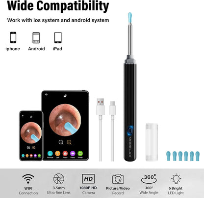 Ear Wax Removal,Ear Wax Cleaner with Camera,Earwax Removal Tool, with 8 Ears, Earwax Cleaning kit 1080P HD Otoscope - Ear Camera with 6 Ear Scoops - Otoscope Ear Pick for iOS and Android Black