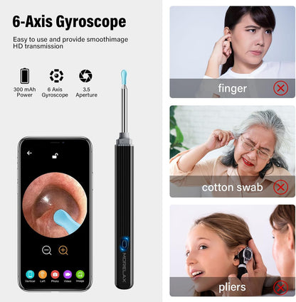 Ear Wax Removal,Ear Wax Cleaner with Camera,Earwax Removal Tool, with 8 Ears, Earwax Cleaning kit 1080P HD Otoscope - Ear Camera with 6 Ear Scoops - Otoscope Ear Pick for iOS and Android Black